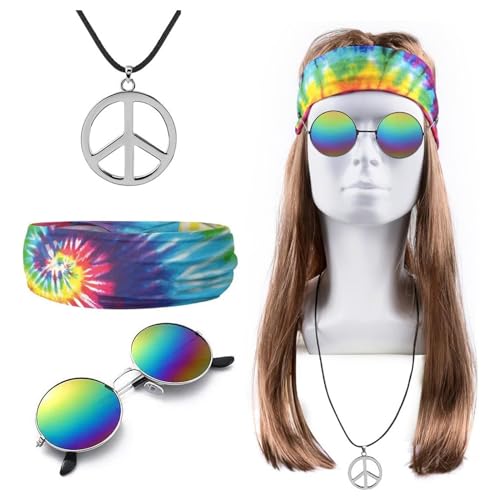DKDDSSS 4 Stück Hippie Kostüm Set, Hippie Accessoires, Hippie Kostüm Damen Herren, Hippie Perücke Sonnenbrille Peace Halskette Anhänger Batik Stirnband Accessories von DKDDSSS