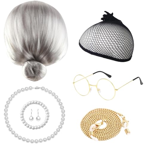 DKDDSSS 7 Pcs Oma Perücke Old Lady Kostüm, Oma Kostüm, Großmutter Perücke, Alte Dame Cosplay Set Kostümzubehör, Alte Damen Perücke für Halloween, Karneval, Maskerade, Bühnenauftritt, Kostümzubehör von DKDDSSS