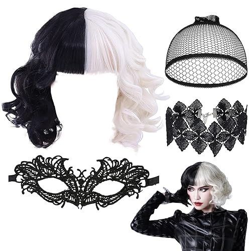 DKDDSSS Kurze Schwarz Weiße Perücke, Cosplay Perücke mit Spitze Augenmaske und Halskette, Halb Schwarz Halb Weiß, für Halloween, Karneval und Party Fancy Dress von DKDDSSS