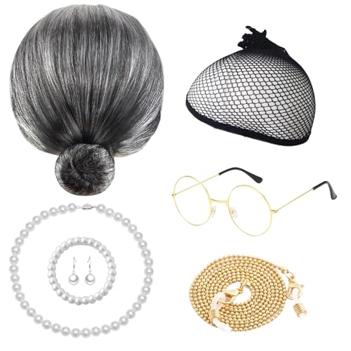 DKDDSSS Oma Perücke, Old Lady Kostüm, Oma Kostüm, Großmutter Perücke, Alte Dame Cosplay Set Kostümzubehör, Alte Damen Perücke für Halloween, Karneval, Maskerade, Bühnenauftritt, Kostümzubehör (Grau) DKDDSSS Oma Perücke, Old Lady Kostüm, Oma Kostüm, Großmutter Perücke, Alte Dame Cosplay Set Kostümzubehör, Alte Damen Perücke für Halloween, Karneval, Maskerade, Bühnenauftritt, Kostümzubehör (Grau) von DKDDSSS