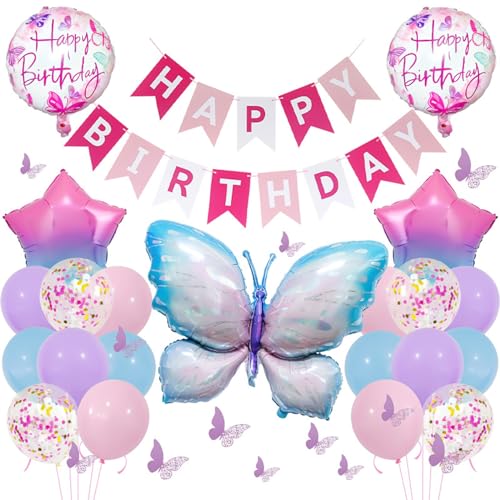 DKDDSSS Schmetterling Geburtstag Deko, Happy Birthday Deko mit Banner Ballon für Mädchen, Geburtstagsdeko Mädchen DKDDSSS Schmetterling Geburtstag Deko, Happy Birthday Deko mit Banner Ballon für Mädchen, Geburtstagsdeko Mädchen von DKDDSSS