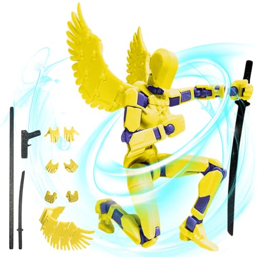 DKIIL NOIYB T13 Action Figure, 3D Printed Mehrgelenkiger Action Roboter, Titan 13 Actionfigur mit Waffen und Flügeln, Bereits Montiert Lucky T13 Action Figure 3D Desktop Dekorationen (Gelb) von DKIIL NOIYB