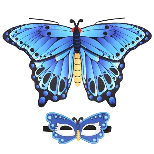 DKINY 2stk Schmetterling Umhang Kinder, Blau Schmetterlingsflügel Kostüm Mädchen, Karneval Schmetterlingsumhang mit Maske, Schmetterling Kostümeset Cape für Halloween Karneval Cosplay Party von DKINY