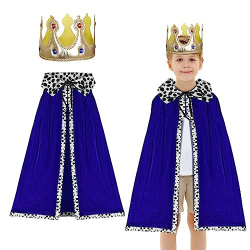 DKINY 2tlg König Umhang Kinder Blau Königsumhang mit Krone Mittelalterliches Prinz König Königin Cosplay Kostüm Königsmantel Samtmantel für Junge Mädchen Karneval Halloween Fasching Party von DKINY