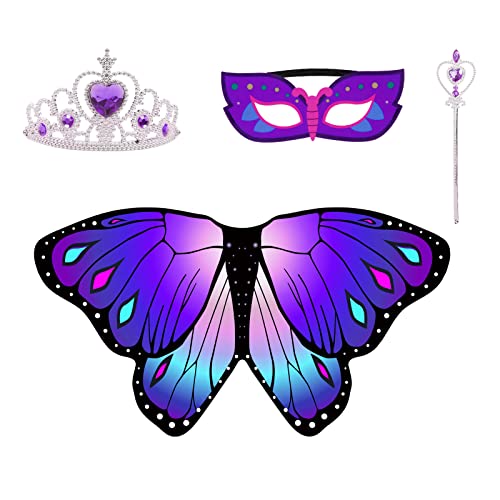 DKINY 4er Schmetterling Umhang Kinder, Lila Schmetterlingsflügel Kostüm Mädchen, Karneval Schmetterlingsumhang mit Maske Krone, Schmetterling Kostümeset Cape für Halloween Karneval Cosplay Party DKINY 4er Schmetterling Umhang Kinder, Lila Schmetterlingsflügel Kostüm Mädchen, Karneval Schmetterlingsumhang mit Maske Krone, Schmetterling Kostümeset Cape für Halloween Karneval Cosplay Party von DKINY