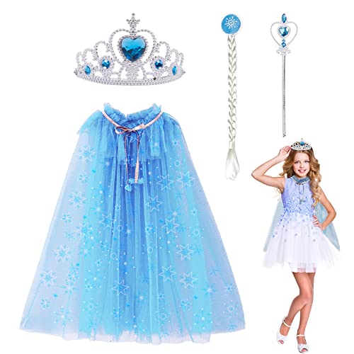 DKINY 4stk Prinzessin Umhang Mädchen umhang Zubehör mit Krone Zauberstab Perücke Cape Party Kostüm Karneval Cosplay für Tochter Geburtstag Mädchen (blau) von DKINY