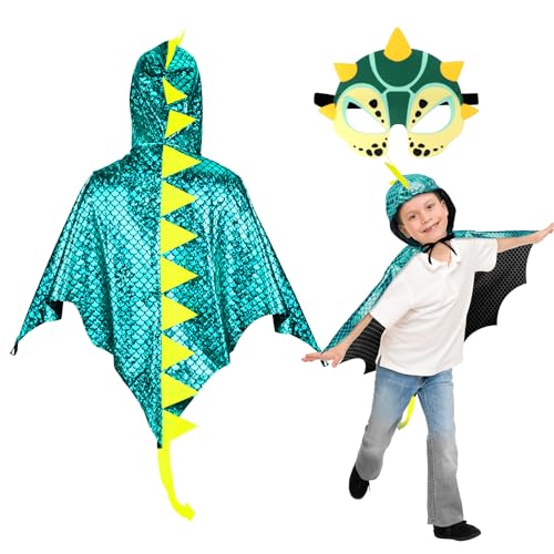 DKINY Dinosaurier Kostüm Kinder Halloween Dinokostüm mit Drachenflügel Umhang und Maske Dino Cosplay Kinderkostüm Zubehör für Junge Mädchen Halloween Karneval Fasching-Blau Grün DKINY Dinosaurier Kostüm Kinder Halloween Dinokostüm mit Drachenflügel Umhang und Maske Dino Cosplay Kinderkostüm Zubehör für Junge Mädchen Halloween Karneval Fasching-Blau Grün von DKINY