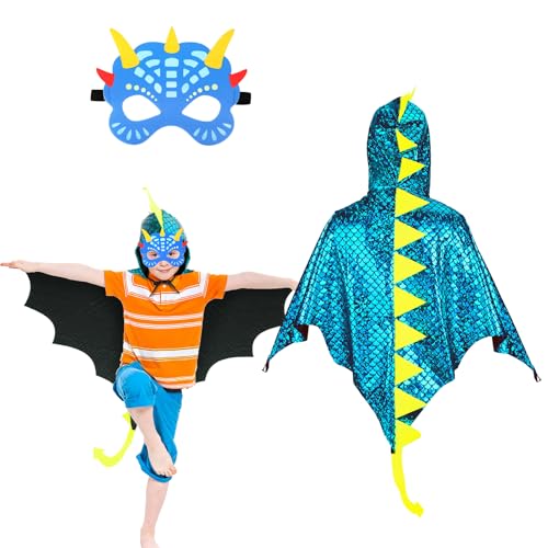 DKINY Dinosaurier Kostüm Kinder Halloween Dinokostüm mit Drachenflügel Umhang und Maske Dino Cosplay Kinderkostüm Zubehör für Junge Mädchen Halloween Karneval Fasching-Blau DKINY Dinosaurier Kostüm Kinder Halloween Dinokostüm mit Drachenflügel Umhang und Maske Dino Cosplay Kinderkostüm Zubehör für Junge Mädchen Halloween Karneval Fasching-Blau von DKINY