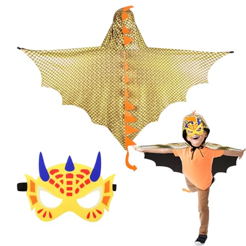 DKINY Dinosaurier Kostüm Kinder Halloween Dinokostüm mit Drachenflügel Umhang und Maske Dino Cosplay Kinderkostüm Zubehör für Junge Mädchen Halloween Karneval Fasching-Gelb DKINY Dinosaurier Kostüm Kinder Halloween Dinokostüm mit Drachenflügel Umhang und Maske Dino Cosplay Kinderkostüm Zubehör für Junge Mädchen Halloween Karneval Fasching-Gelb von DKINY