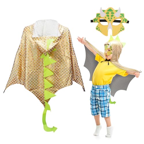 DKINY Dinosaurier Kostüm Kinder Halloween Dinokostüm mit Drachenflügel Umhang und Maske Dino Cosplay Kinderkostüm Zubehör für Junge Mädchen Halloween Karneval Fasching-Hellgold DKINY Dinosaurier Kostüm Kinder Halloween Dinokostüm mit Drachenflügel Umhang und Maske Dino Cosplay Kinderkostüm Zubehör für Junge Mädchen Halloween Karneval Fasching-Hellgold von DKINY