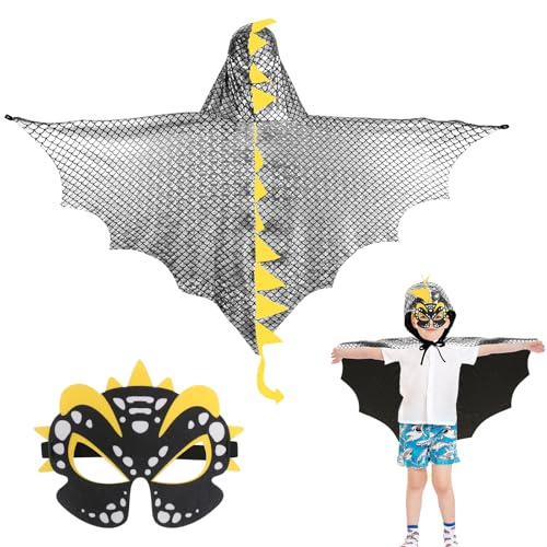 DKINY Dinosaurier Kostüm Kinder Halloween Dinokostüm mit Drachenflügel Umhang und Maske Dino Cosplay Kinderkostüm Zubehör für Junge Mädchen Halloween Karneval Fasching-Silber von DKINY