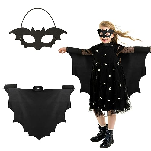 DKINY Halloween Fledermaus Umhang Kinder, Fledermaus Flügel Umhang mit Maske, Schwarz Fledermausflügel Bat Cap zum Verkleiden, Fledermaus Cosplay Kostüm für Halloween Karneval Fasching Maskerade von DKINY