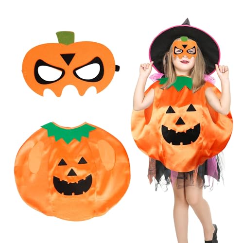 DKINY Halloween Kürbis Kostüm Kinder, Kürbis Umhang mit Maske, Orange Pumpkin Cap zum Verkleiden, Halloween Kürbis Cosplay Kostüm für Halloween Karneval Fasching Maskerade von DKINY