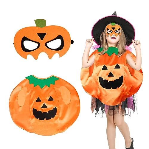 DKINY Halloween Kürbis Kostüm Kinder, Kürbis Umhang mit Maske, Orange Pumpkin Cap zum Verkleiden, Halloween Kürbis Cosplay Kostüm für Halloween Karneval Fasching Maskerade von DKINY