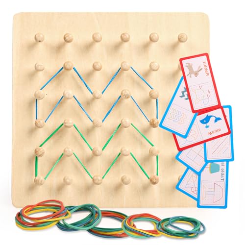 DKINY Holz Geoboard Montessori Spielzeug ab 3 Jahre Geobrett aus Holz mit Musterkarten & Gummibänder Motorikspielzeug Lernspielzeug von Figuren & Formen für Kleinkinder Weihnachten Geburtstag Geschenk von DKINY