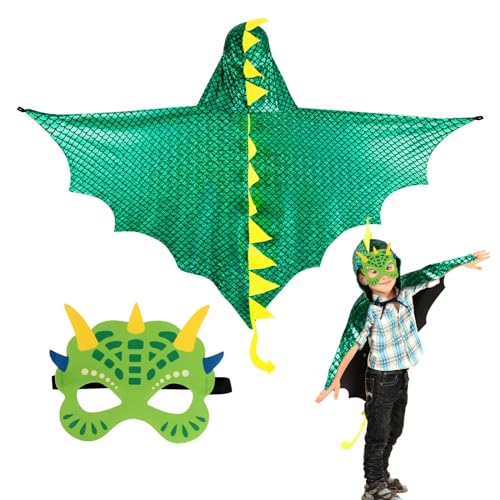 DKINY Karneval Dinosaurier Umhang, Karneval Cosplay Kinder Köstum Cape mit Mask, Drachen Mantel Kleidung für Rollenspiel Halloween Themenparty Halloween Maskerade Jungen Mädchen, Grün von DKINY