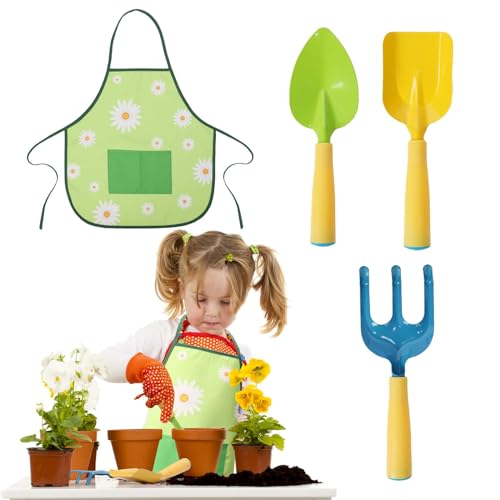 DKINY 4tlg Gartengeräte für Kinder Gartenset mit Gartenschürze Gartenschaufel Handspaten Harke Spielwekzeuge für Garten Strand Draußen Gartenspielzeug Gartenwerkzeug Gartenhelfer für Kinder ab 3 Jahre von DKINY