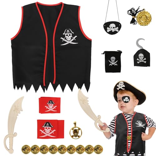 DKINY 18PCS Piratenkostüm Kinder Halloween Piraten Kostüm Junge Pirat Weste mit Augenklappe Piratenhaken Kopftuch Piraten Cosplay Kinderkostüm Zubehör für Halloween Karneval Fasching Piratenparty DKINY 18PCS Piratenkostüm Kinder Halloween Piraten Kostüm Junge Pirat Weste mit Augenklappe Piratenhaken Kopftuch Piraten Cosplay Kinderkostüm Zubehör für Halloween Karneval Fasching Piratenparty von DKINY