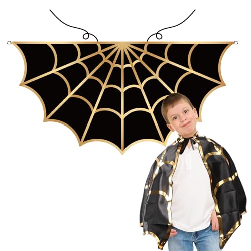 DKINY Spider Umhang Kinder Schwarz & Gold Spinne Umhang Spinnenetz Cape Kinderumhang Cosplay Kostüm für Mädchen Halloween Karneval Kindergeburtstag Fasching von DKINY