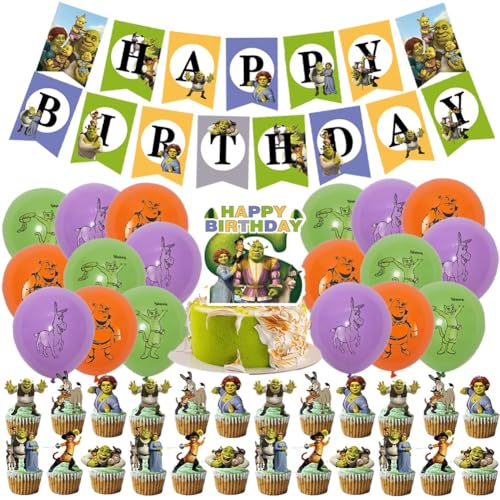 45 PCS Shreek Themed Geburtstag Dekorationen, DKLQXCE Shreek Party Supplies, Shreek Geburtstagsparty Dekorationen Balloons Banner Cupcake Toppers Luftballon für Kinder Geburtstagsdeko von DKLQXCE