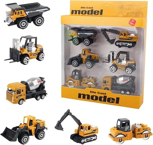 DKLQXCE Baustellen Fahrzeuge Metall Kunststoff Bagger,6 Stück Baufahrzeuge Spielzeug Auto, Mini Bagger Tortendeko Mini-Auto-Modelle Transporter Kinderspielzeug Geschenk für Kinder ab 3 4 5 Jahre von DKLQXCE