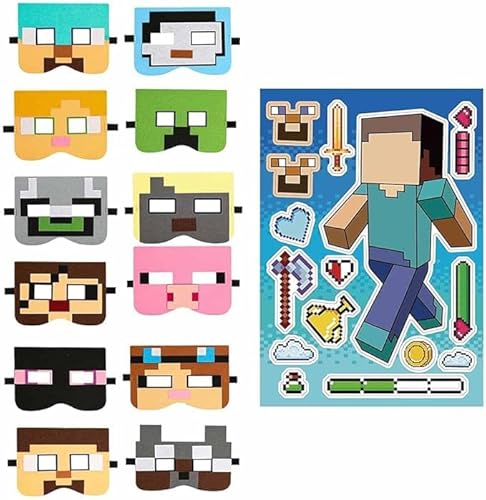 DKLQXCE Mineecraft Mask en, 12 Masken und 16 Aufkleber, Cartoon Charakter Mask en Themenparty, Rollenspiel Cosplay Set, Cosplay Maske für Jungen und Mädchen, Maskerade Weihnachten Geburtstag von DKLQXCE