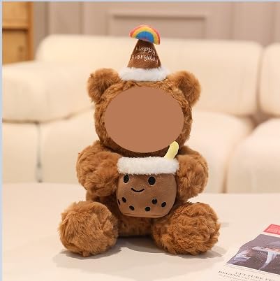 DKLQXCE Teddy Kuscheltier, Teddy mit Hält Süßem Bubble Tea Beche und Trägt Einen Geburtstagshut, Süßes Plüschtier Spielzeug für Babyparty Deko, Geschenke für Geburtstag Weihnachten Valentinstag -B von DKLQXCE