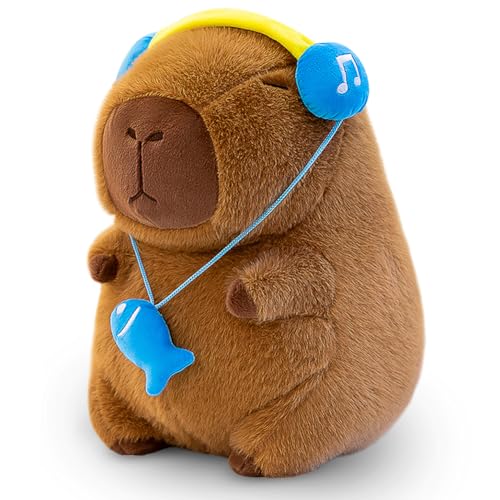 Kawaii Capybara Knuffeldie, Capybara Pluche Knuffeldier,Capybara Kuscheltier 30 CM Wasserschwein Plüsch Capybara-Stofftier Kurzer Plüsch Kopfhörer Gesetzt Wurfkissen für Kinder Mädchen Jungen Brown von DKLQXCE