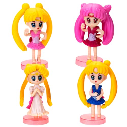 Mini Figuren Tortendeko, 4Pcs Sailormmoon Mini Figuren Set 3D MiNi FiguRen Tortendeko Cartoon Cupcake Topper für Kinder PVC Anime Figuren Schreibtisches Geburtstagsgeschenk für Kinder von DKLQXCE