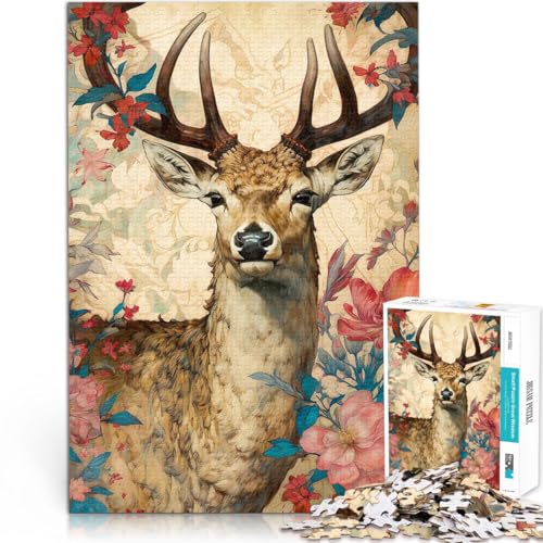 1000-teiliges Puzzle für Erwachsene Hirsch mit Blumen Quizspiel 26 x 38 cm mit passendem Poster und Quizblatt für Teenager ab 14 Jahren von DLBHSG