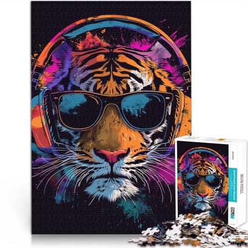 1000-teiliges Puzzle für Erwachsene Tiger mit Kopfhörern pädagogisches Spielzeug zum Stressabbau 26 x 38 cm anspruchsvolles Spiel und Familienspiel von DLBHSG
