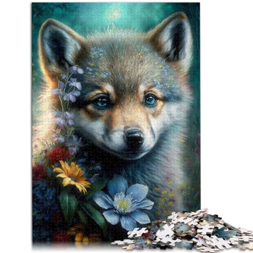 Puzzle für Erwachsene 1000 Teile Babywolf mit Blumen Lernspiele für Zuhause DIY-Spielzeug 26 x 38 cm mit passendem Poster und Quizblatt von DLBHSG