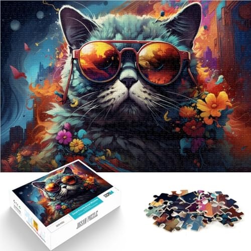 Puzzle für Erwachsene 1000 Teile Katze mit Sonnenbrille Spielzeug Lernspiele Stressabbau 50x75cm Geeignet als Schreibtischdekoration von DLBHSG