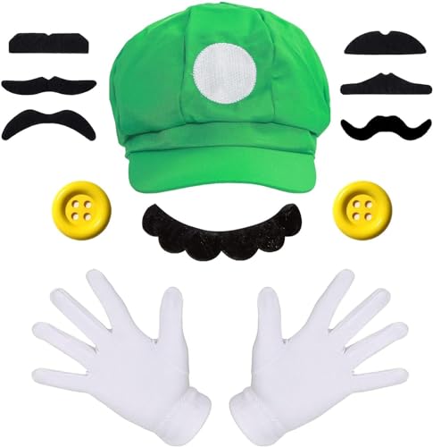 DLJKJ Mütze Rot und Grün, Super Bros Luigi Kostüm mit Kappen Schnurrbärte Handschuhe Knöpfe, Unisex Erwachsene Karneval Cosplay Halloween Kostüm (Grün) von DLJKJ