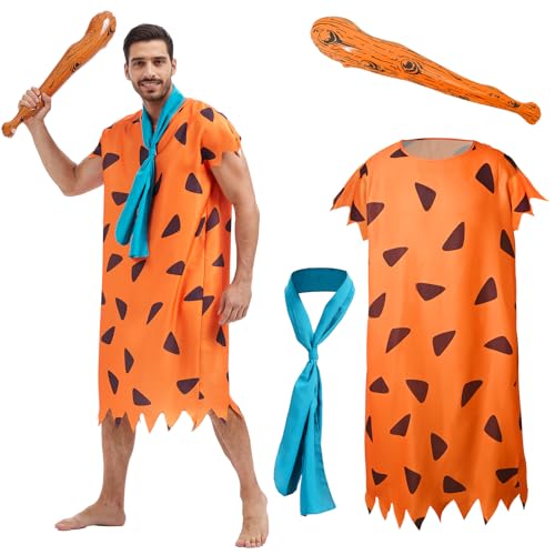 DLKAJFK Höhlenmensch Kostüm Steinzeitmann für Erwachsene mit Satinblauer Quadratischer Schal, Ballonstab, Caveman Kostüme für Halloween Karneval Cosplay Party (L) von DLKAJFK
