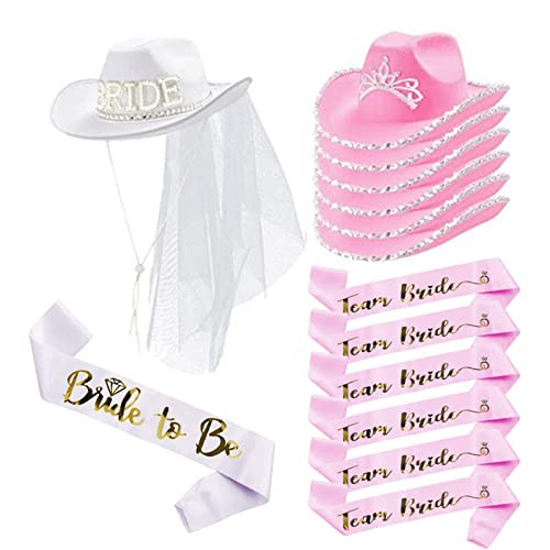 DLUKENY Cowgirl-Hut für Brautjungfern, modischer Jazz-Hut für Damen, Braut, Cowboyhut, Schärpe, Kostüm-Set, Junggesellinnenabschied, Requisiten, Zubehör DLUKENY Cowgirl-Hut für Brautjungfern, modischer Jazz-Hut für Damen, Braut, Cowboyhut, Schärpe, Kostüm-Set, Junggesellinnenabschied, Requisiten, Zubehör von DLUKENY