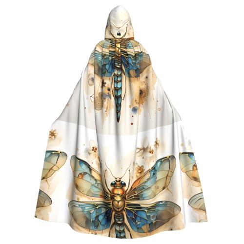 DLXW Herren Damen Umhang Halloween Kapuzen Umhang Königin Robe Kostüm Renaissance Mittelalter Kostüm Goldene zarte Libelle auf gelbem Hintergrund von DLXW