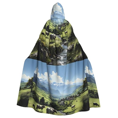 DLXW Herren Damen Umhang Halloween Kapuzenumhang Königin Robe Kostüm Renaissance Mittelalter Kostüm Alpin Bauernhof Kühe von DLXW