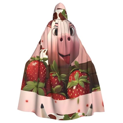 DLXW Kapuzenumhang für Erwachsene mit Kühe und Erdbeeren – 100 % Polyester, bequem und langlebig, perfekt für Halloween, Cosplay, Kostümpartys, Bühnenauftritte von DLXW