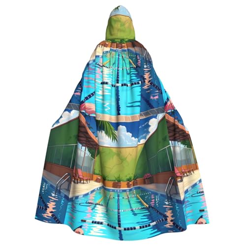 DLXW Renaissance Kapuzenumhang für Erwachsene, Polyester, viktorianische Capelle, mittelalterliches Hobbit, Halloween-Kostüm, Flamingo und Schwimmbad von DLXW