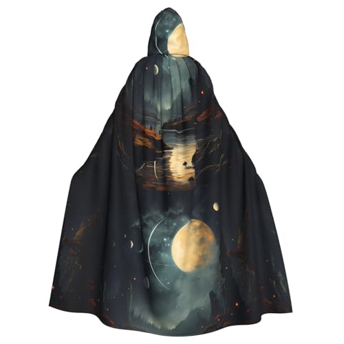 DLXW Renaissance-Umhang mit Kapuze für Erwachsene, Polyester, viktorianische Capelle, mittelalterliches Hobbit, Halloween-Kostüm, Mond, Sterne und Planeten von DLXW