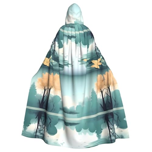 DLXW Renaissance-Umhang mit Kapuze für Erwachsene, Polyester, viktorianische Capelle, mittelalterliches Hobbit, Halloween-Kostüm, gefallene Blätter auf einem ruhigen See von DLXW