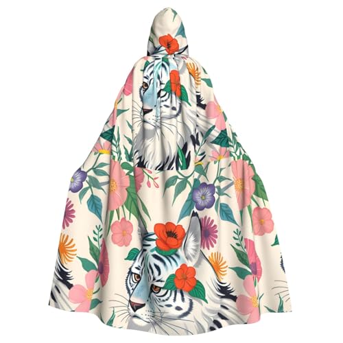 DLXW Renaissance-Umhang mit Kapuze für Erwachsene, Polyester, viktorianische Capelle, mittelalterliches Hobbit, Halloween-Kostüm, niedlicher weißer Tiger von DLXW