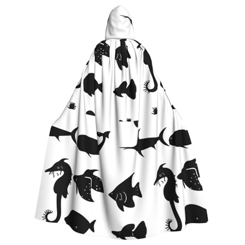 DLXW Renaissance-Umhang mit Kapuze für Erwachsene, Polyester, viktorianische Capelle, mittelalterliches Hobbit, Halloween-Kostüm, schwarz-weißer Fisch von DLXW