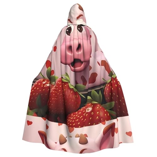 DLXW Rosa Kuh mit Erdbeeren Kapuzenumhang für Erwachsene – 100% Polyester, bequem und langlebig, perfekt für Halloween, Cosplay, Kostümpartys, Bühnenauftritte von DLXW