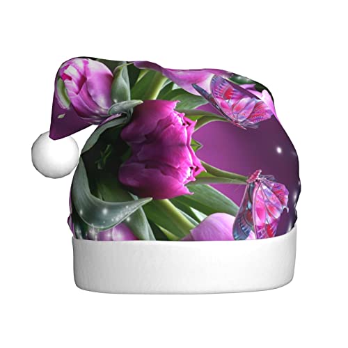Lila Blume Schmetterling Erwachsene Plüsch Weihnachtsmütze => Geeignet für Weihnachten und Neujahrsfeiertagspartys, weich, leicht und taktil. von DMORJ
