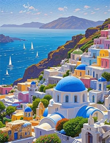 1000 Teile Puzzle - Santorini Towns Art Oil Painting - Erwachsene Stressabbau Spiel Kunst Bild - Colorful - Puzzles Für Ältere Erwachsene Dw255Sk von DMQBT
