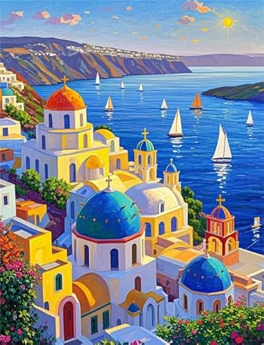 1000 Teile Puzzle - Santorini Towns Art Oil Painting - Erwachsene Stressabbau Spiel Kunst Bild - Colorful - Puzzles Für Ältere Erwachsene Dw259Sk von DMQBT