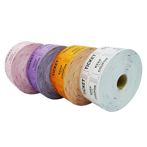 DNB 4000 Paar Tombola-Tickets – 4-farbiges Set mit 1000 Stück, 5 x 5 cm, 50/50 Doppel-Roll-Tickets – Violett/Rosa/Weiß/Orange von DNB SPORTS