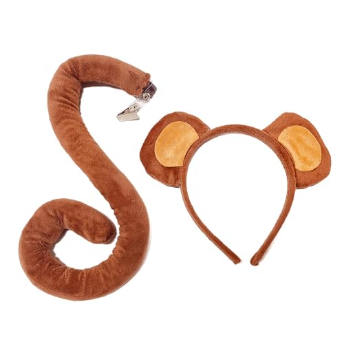 DNCG Monkey Ears, Monkey Ears Headband, Monkey Ears And Tail, Animal Costume Accessory Kit, Monkey Headband Detachable Tail Set Kostüm für Halloween Cosplay von DNCG